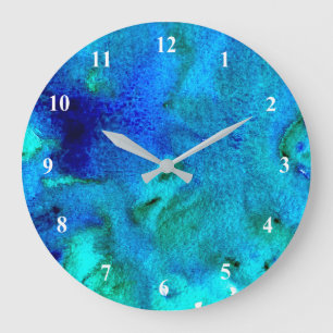 Blue watercolor abstract ocean design large clock
