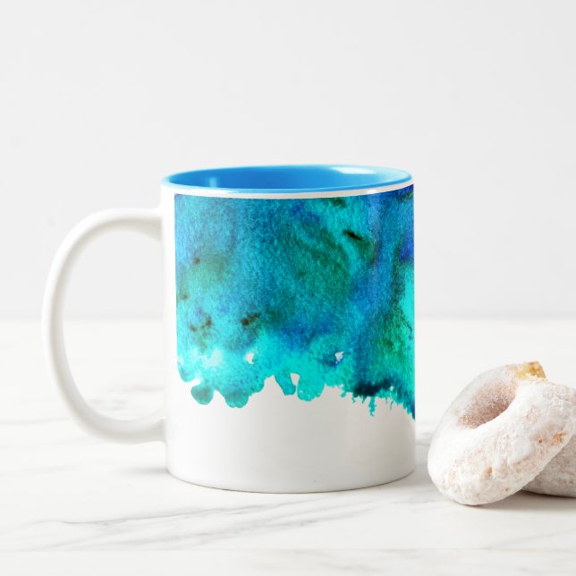 Blue watercolor abstract ocean design Two-Tone coffee mug (With Donut)