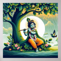 Blue Watercolor Abstract Poster of Lord Krishna