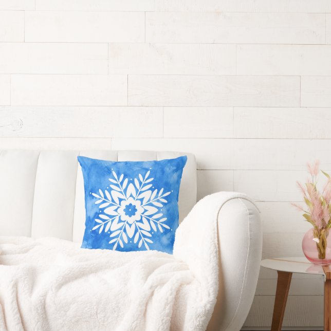 Blue Watercolor Abstract Snowflake Throw Pillow (Couch)