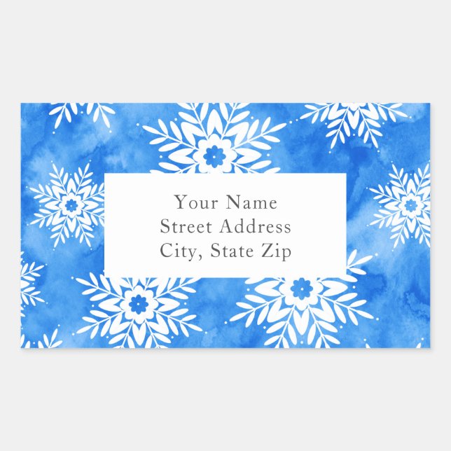 Blue Watercolor Abstract Snowflakes Label (Front)