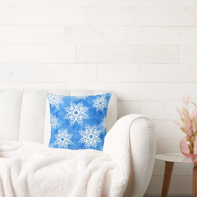 Blue Watercolor Abstract Snowflakes Throw Pillow (Couch)