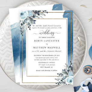 Blue Watercolor and Blue Floral, Parents Hosting Invitation
