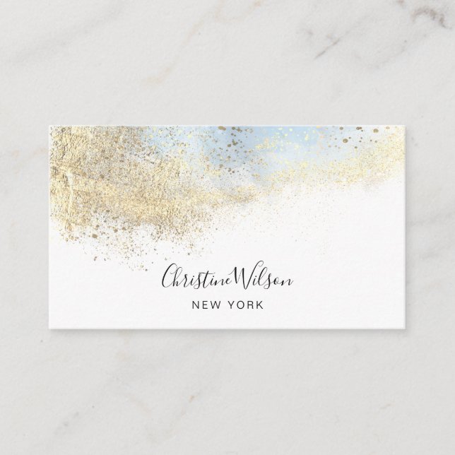 blue watercolor and faux gold dust business card (Front)