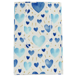 Blue Watercolor and Gold Glitter Hearts Pattern Medium Gift Bag