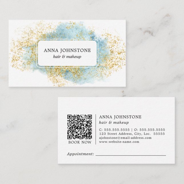 Blue Watercolor and Gold QR Code | Appointment Business Card (Front/Back)