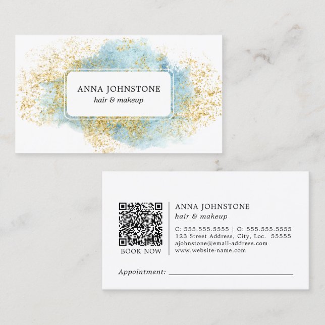Blue Watercolor and Gold QR Code | Appointment Business Card (Front/Back)