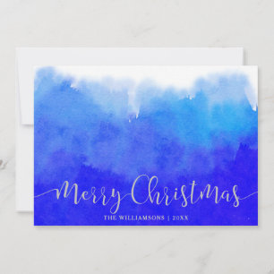Blue Watercolor and Silver Merry Christmas Photo Holiday Card