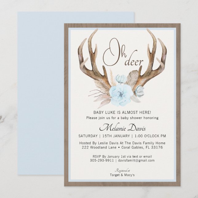 Blue Watercolor Antler Baby Shower Invitation – Ru (Front/Back)