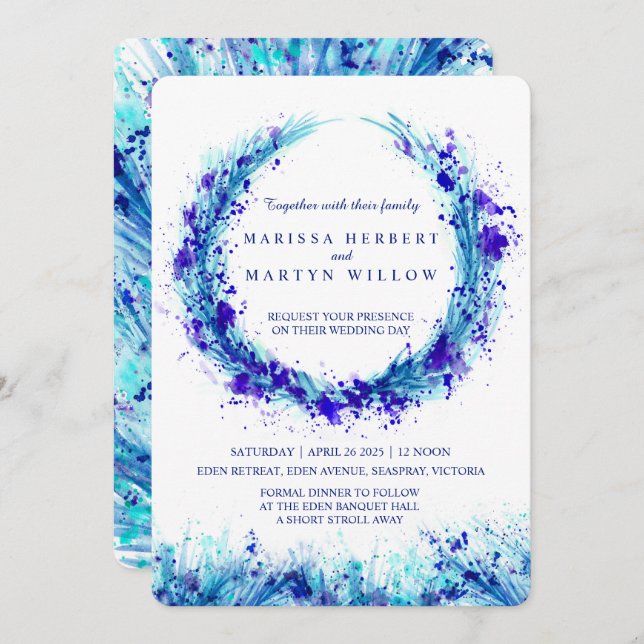 Blue watercolor art splat invitations de mariage (Devant / Derrière)