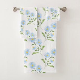 Blue Watercolor Asters Pattern Bath Towel Set