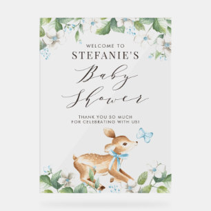 Blue Watercolor Baby Deer Woodland Baby Shower Acrylic Sign