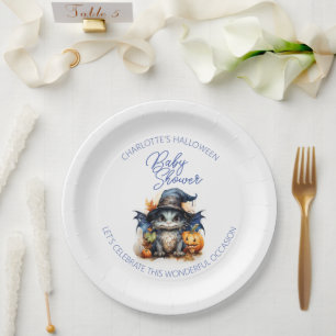 Blue Watercolor Baby Dragon Halloween Baby Shower Paper Plate