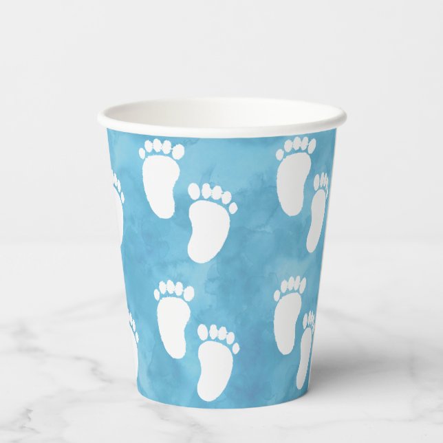 Blue Watercolor Baby Shower Footprint Pattern Paper Cups (Back)