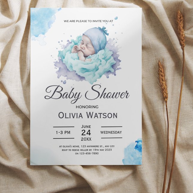 Blue Watercolor Baby Soft Boy Shower  Invitation (Creator Uploaded)