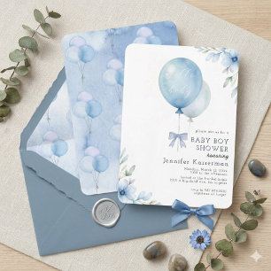 Blue Watercolor Balloon Floral Boy Baby Shower  Invitation