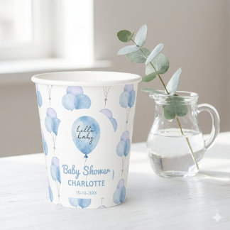 Blue Watercolor Balloon Floral Boy Baby Shower  Paper Cups