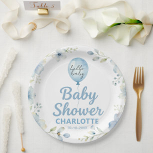 Blue Watercolor Balloon Floral Boy Baby Shower  Paper Plate