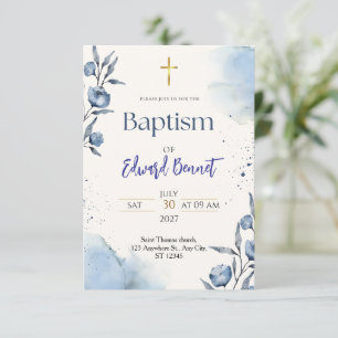 Blue Watercolor Baptism Invitation with Gold Cross
