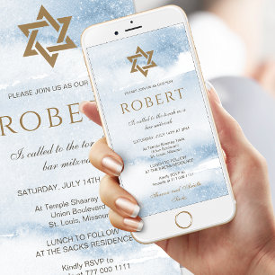 Blue Watercolor Bar Mitzvah Mobile Invite