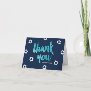 Blue Watercolor Bat & Bar Mitzvah Thank You Card