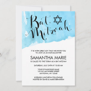 Blue Watercolor Bat Mitzvah Invitations