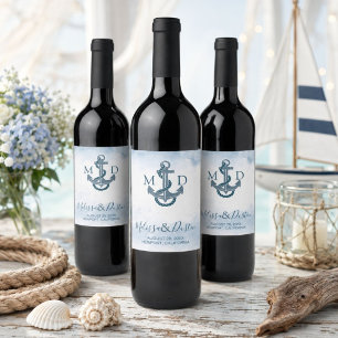 Blue Watercolor Beach Anchor Nautical Wedding Wine Label