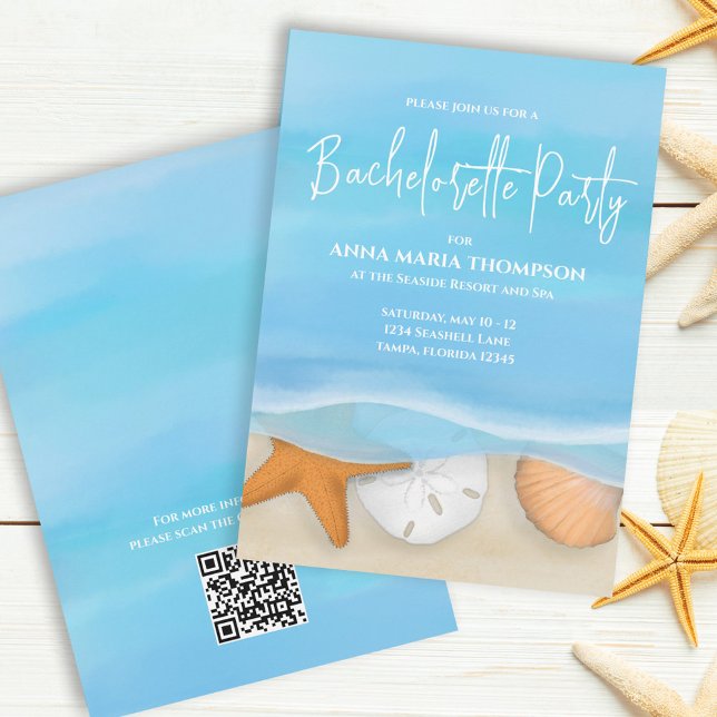 Blue Watercolor Beach Bachelorette Party QR Code  Invitation (Creator Uploaded)