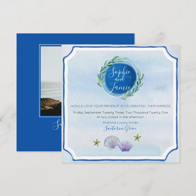 Blue WaterColor Beach Wedding Invitation (Devant / Derrière)