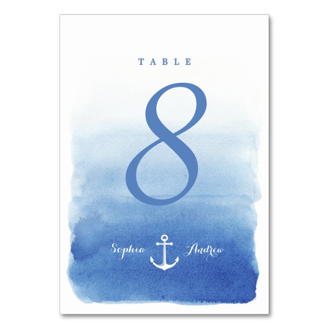 Blue watercolor beach wedding nautical table card (Back)