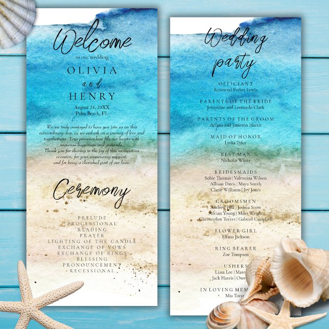 Blue Watercolor Beach Wedding Programme (Créateur téléchargé)