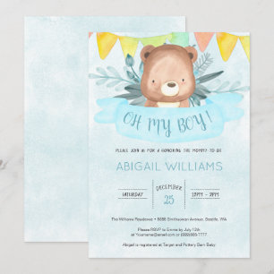 Blue Watercolor Bear Boy Baby Shower Invitation
