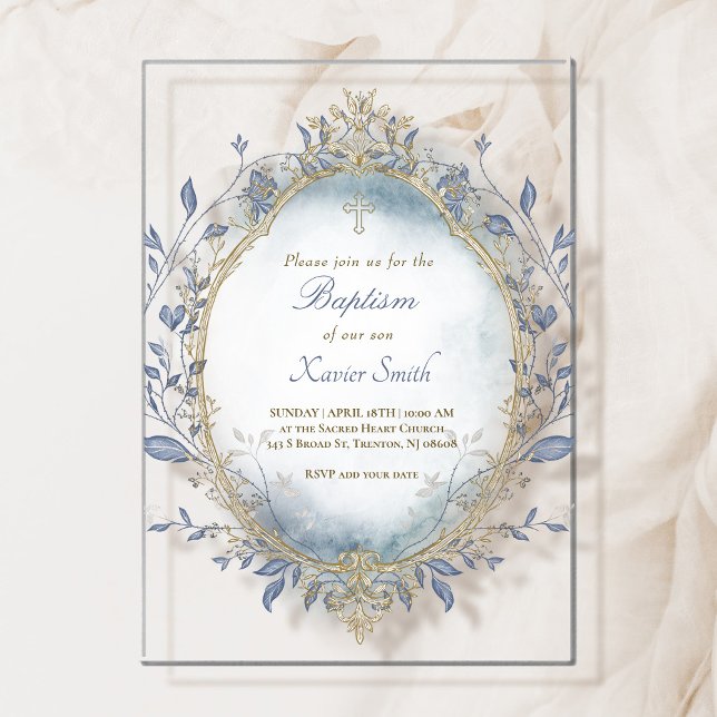 blue watercolor beige frame Baptism baby boy Acrylic Invitations (Creator Uploaded)