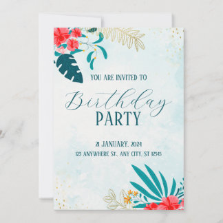Blue Watercolor Birthday Party Invitation Card