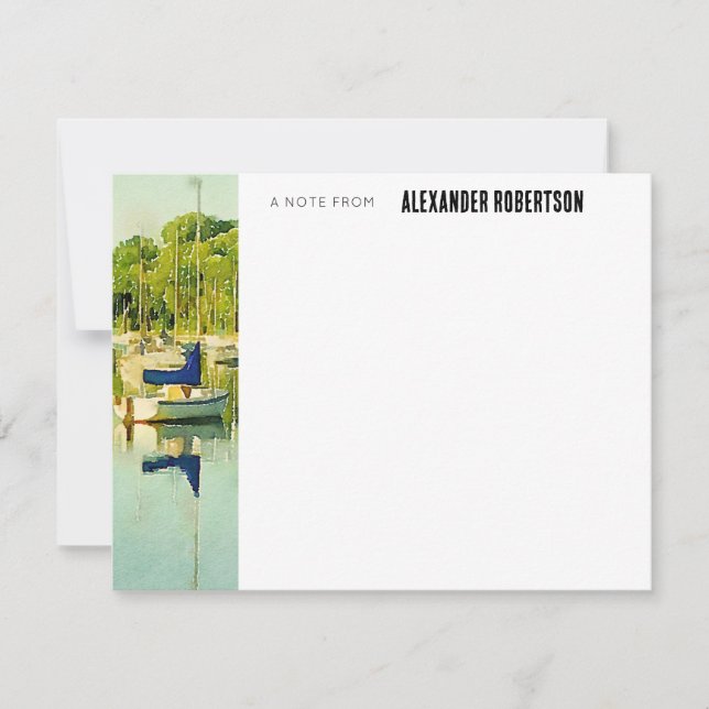 Blue Watercolor Boat Scene Flat Note Card (Front)
