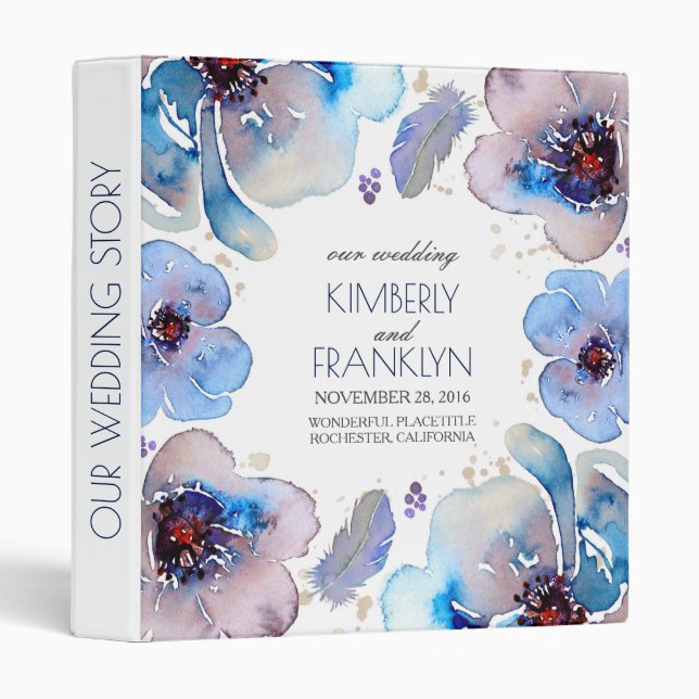 Blue Watercolor Boho Floral Wedding Binder (Front/Spine)