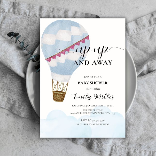 Blue Watercolor Boho Hot Air Balloon Baby Shower Invitation (Blue Watercolor Boho Hot Air Balloon Baby Shower Invitation)