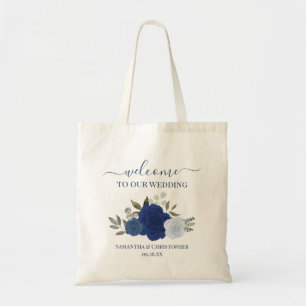 Blue Watercolor Boho Roses Elegant Wedding Welcome Tote Bag