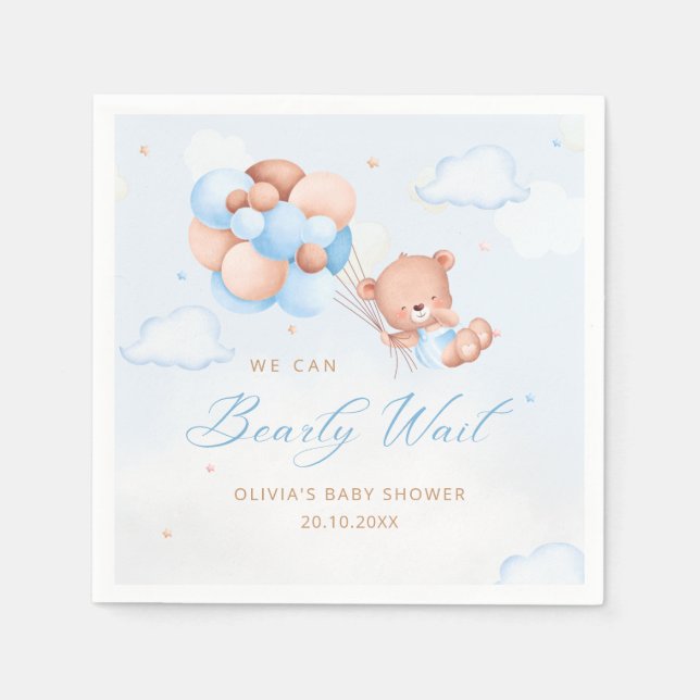 Blue Watercolor Boho Teddy Bear Boy Baby Shower    Napkin (Front)
