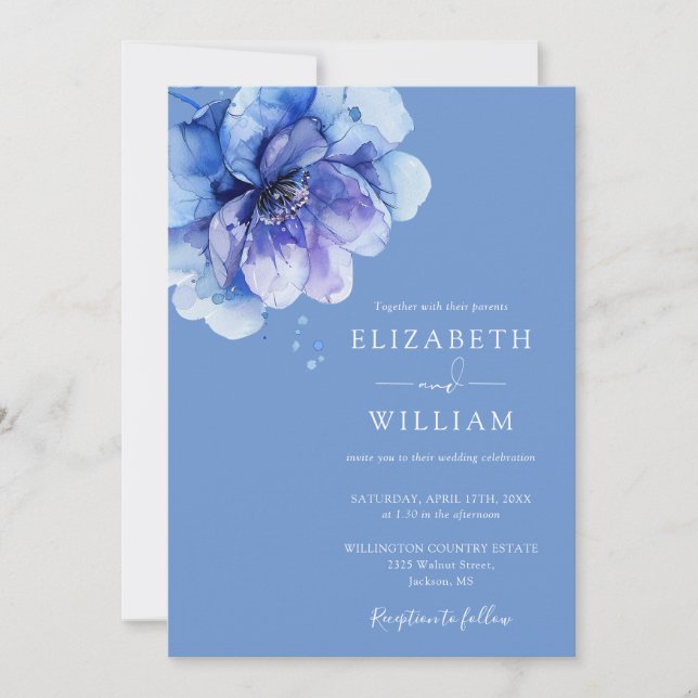 Blue Watercolor Botanical Floral QR Code Wedding Invitation (Front)