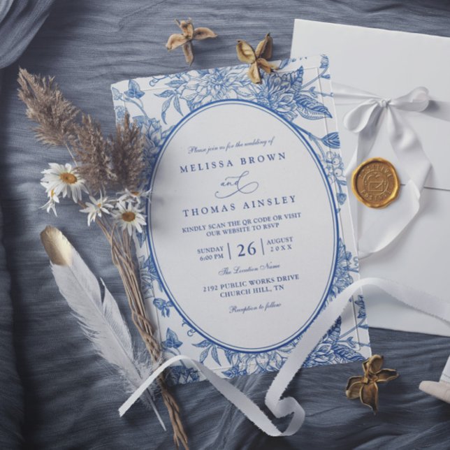 Blue Watercolor Botanical Florals QR Code Wedding Invitation (Creator Uploaded)