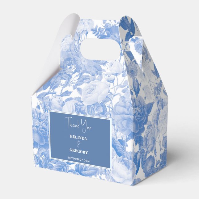 Blue Watercolor Botanical Florals Wedding  Favor Box (Front Side)
