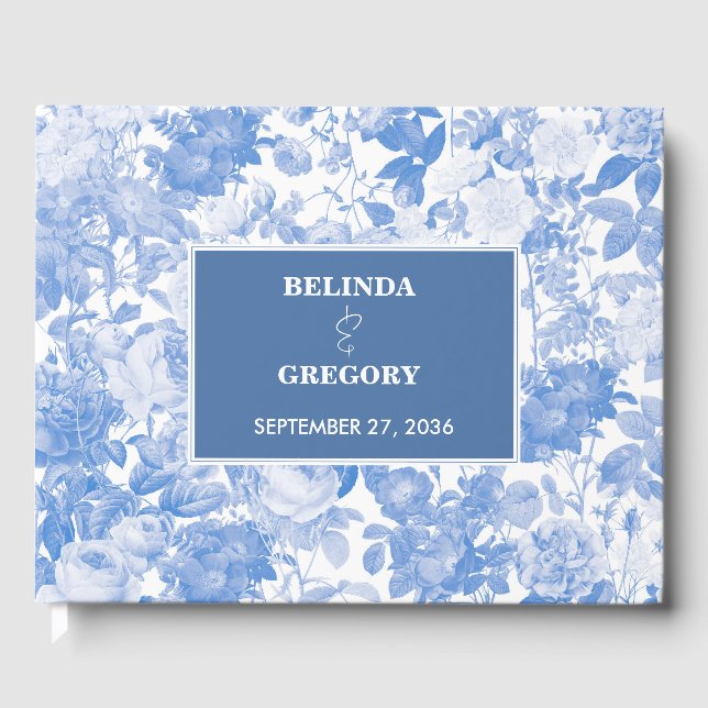 Blue Watercolor Botanical Florals Wedding  Guest Book (Front)
