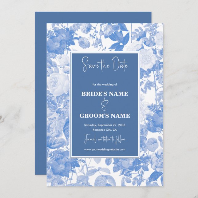 Blue Watercolor Botanical Florals Wedding  Save The Date (Front/Back)