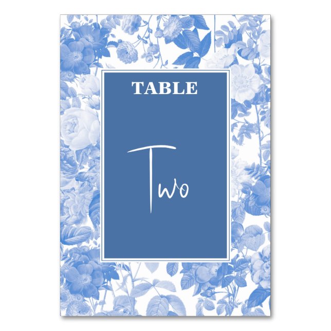 Blue Watercolor Botanical Florals Wedding Table Number (Front)