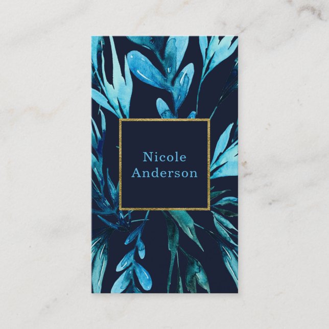 Blue Watercolor Botanical Glam Elegant Chic Business Card (Front)