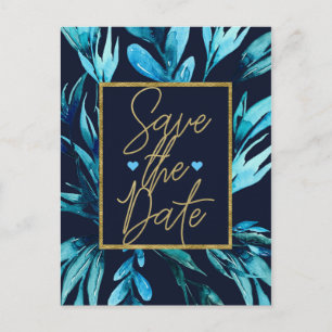 Blue Watercolor Botanical Glam Save the Date Announcement Postcard