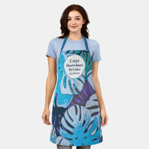 Blue Watercolor Botanical Leaves Personalize Chef  Apron