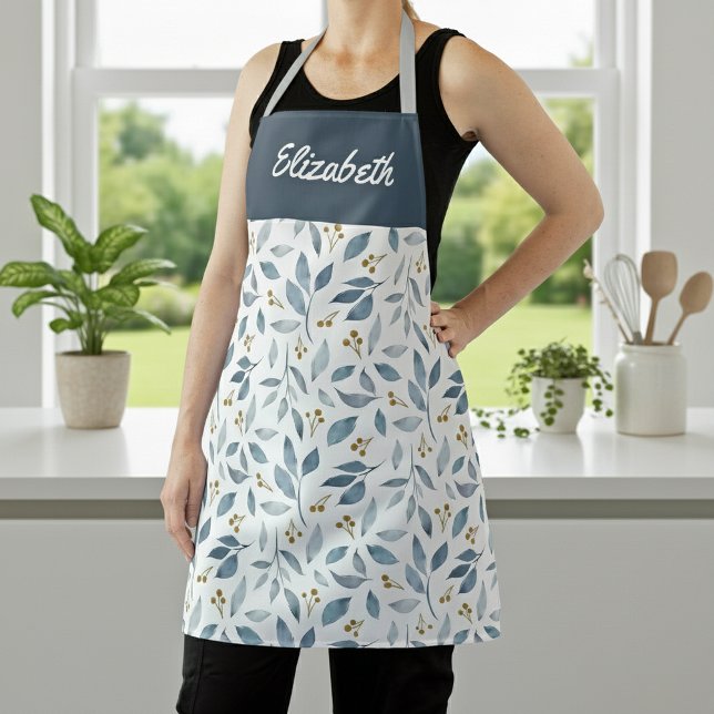 Blue Watercolor Botanical Pattern Custom Name Apron (Creator Uploaded)