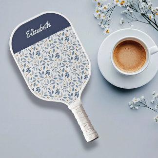 Blue Watercolor Botanical Pattern Custom Name Pickleball Paddle